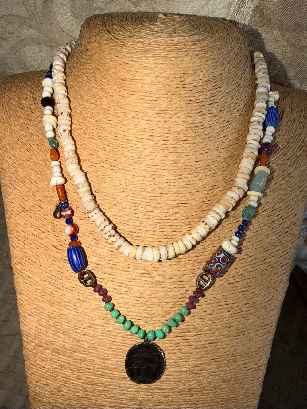 Boho Layered White, Blue & Turquoise Beaded Necklace with inspiration Pendant